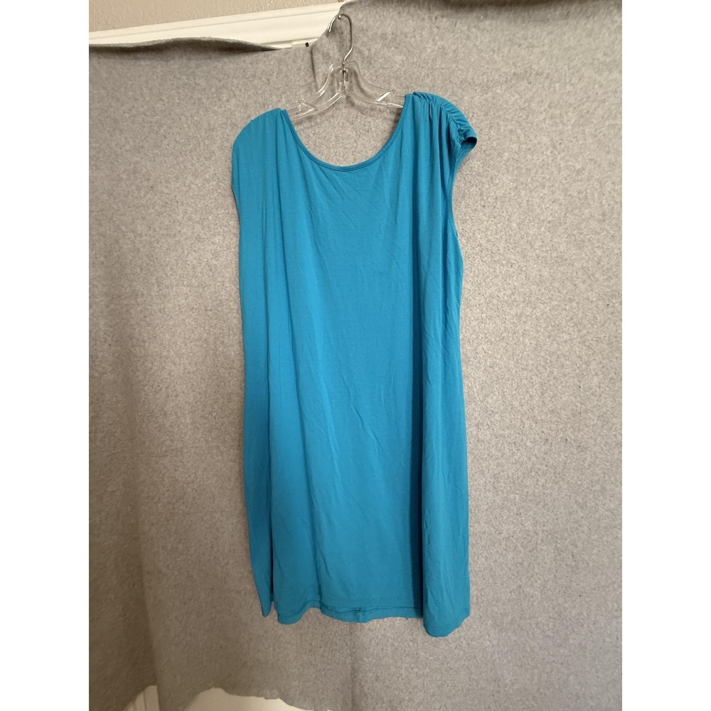 Chico's Dress Womens 3 Blue Ruched Cap Sleeve Scoop Neck Knit Shift Stretch